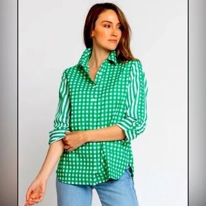 Hinson Wu Zoey Gingham 3/4 Sleeve Button Down sz M NWT $280